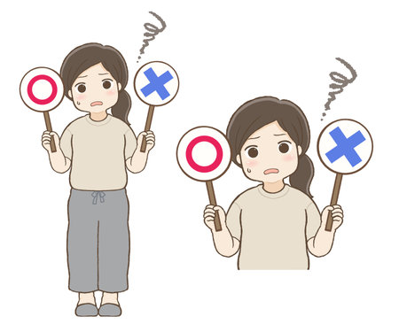 A chubby girl holding a malsign and a cross sign and tilting her headのイラスト素材