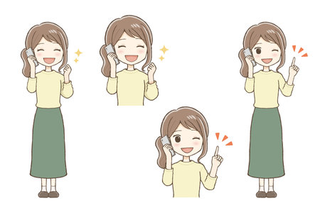 Woman in a long skirt happily talking on a mobile phone (fist pump and pointing gesture)のイラスト素材