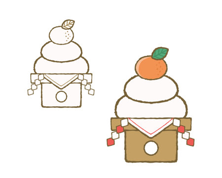 Kagami Mochi for Japanese New Year â Monochrome and Color Setのイラスト素材