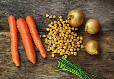 Group of vegetables onion carrot chickpeas and chive