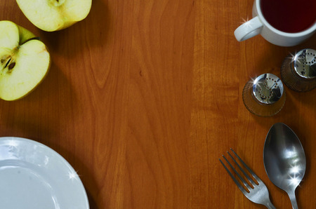 Some kitchen appliances on wood background with space for text. Background for recipes and food listsの写真素材