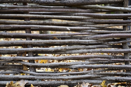 Decorative fence from wooden branches. Rare wooden wall Handmade small wooden thin branches in Ukrainian western styleの写真素材