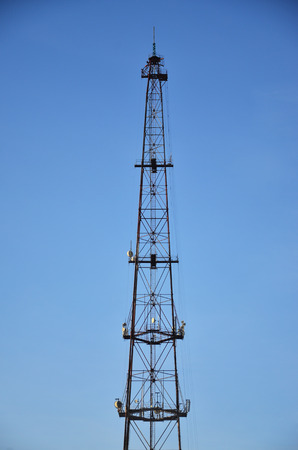 Radio communications tower against a blue cloudless sky. Abstract background associated with radio...