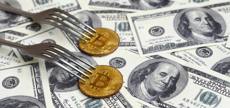 Bitcoin getting New Hard Fork Change, Physical Golden Crytocurrency Coin under the fork on the dollars background. Blockchain Transaction System Crisis Conceptの写真素材