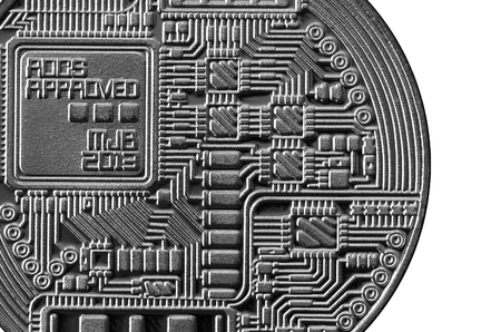 Bitcoin. Physical bit coin. Digital currency. Cryptocurrency mining concept. Silver coin with bitcoin symbols isolated on white backgroundの写真素材