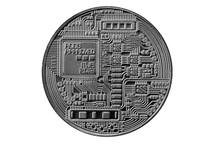 Bitcoin. Physical bit coin. Digital currency. Cryptocurrency mining concept. Silver coin with bitcoin symbols isolated on white backgroundの写真素材