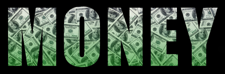 The inscription "Money" on a black background. A pattern from the set of scattered dollar bills as a filling characterの写真素材