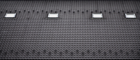 The texture of the roof with a roof made of metal, covered with drops from the rain. Several pane...