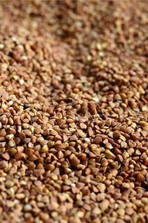 Background texture of a large pile of buckwheat. Many buckwheat grains close-up in daylight