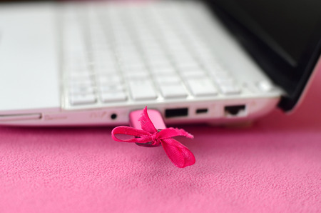 A brilliant pink USB flash drive with a pink bow is connected to a white laptop, which lies on a blanket of soft and fluffy light pink fleece fabric. Classic female design for a memory cardの写真素材