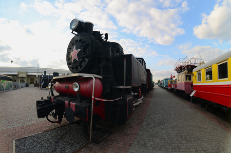 Photo of old black steam locomotives of the Soviet Union. Strong distortion from the fisheye lensのeditorial素材