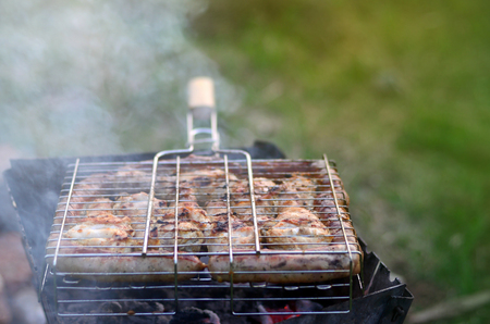 Shish kebabs from chicken wings are fried in the field. A classic barbecue in the open air. The process of frying meat on charcoalの写真素材