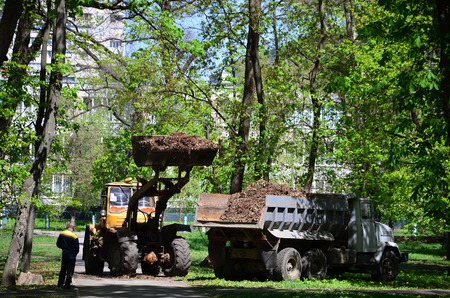 The city improvement team removes the fallen leaves in the park with an excavator and a truck. Regular seasonal work on improving the public places for recreationの写真素材