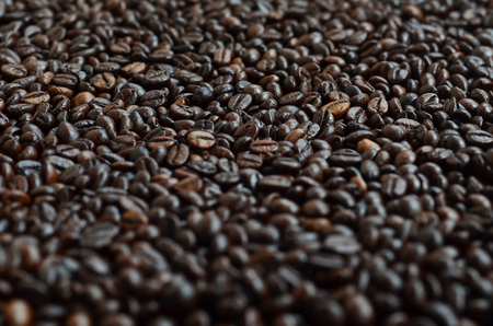 Background pattern from a huge number of fragrant and fresh roasted brown coffee beans. Many grains of coffee crop close-up in warm tonesの写真素材
