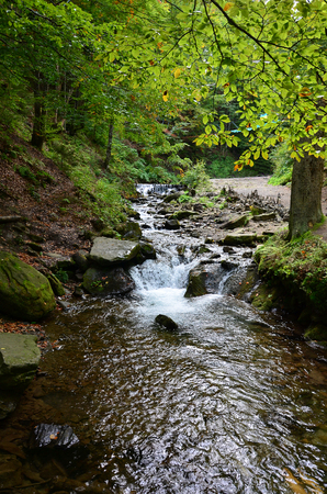 Close-up image of a small wild waterfall in the form of short streams of water between mountain stonesの写真素材