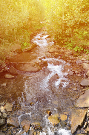 Close-up image of a small wild waterfall in the form of short streams of water between mountain stonesの写真素材