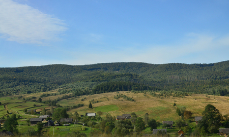 Photo of the Carpathian Mountains, which have a lot of coniferous trees. Forest and mountain landscape in the early autumn seasonの写真素材
