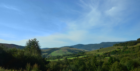 Fragment of the mountainous terrain in the Carpathians, Ukraine. The forest is forgiven by the reliefs of the Carpathian Mountainsの写真素材