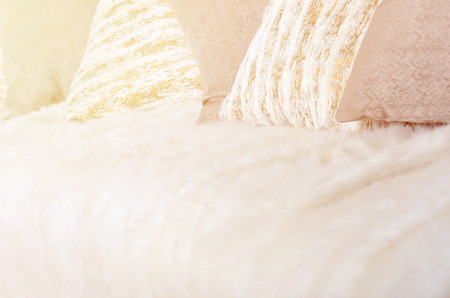 Many pillows lie on the couch, which is covered with a large plush veilの写真素材