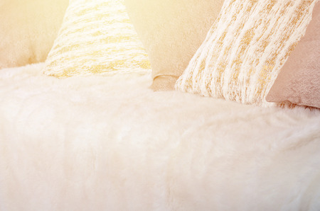 Many pillows lie on the couch, which is covered with a large plush veilの写真素材