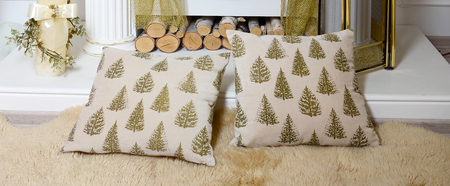 A pair of beige pillows lie on a soft plush veil near the fireplaceの写真素材
