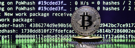 The digital process of cryptocurrency mining by using the GPUs. Bitcoins and video card on a working...