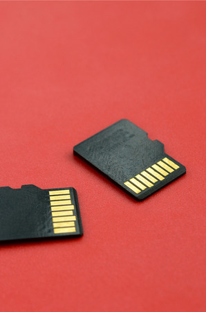 Two small micro SD memory cards lie on a red background. A small and compact data and information storeの写真素材