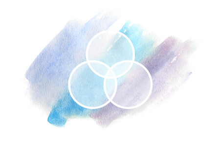 Abstract background illustration in the form of three watercolor strokes, executed in cold blue and purple tones with a round frame for textの写真素材