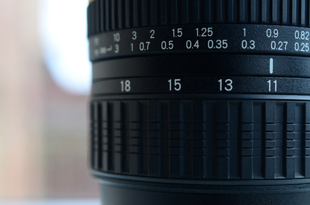 Fragment of a wide angle zoom lens for a modern SLR camera. The set of distance values is indicated by white numbers on the black bodyの写真素材