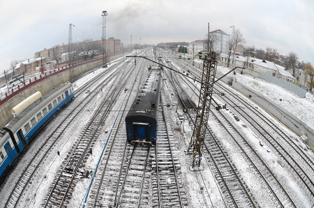 Kharkiv landscape with railroad tracks near the South Railway Station. Fisheye photo with artistic distortionの写真素材