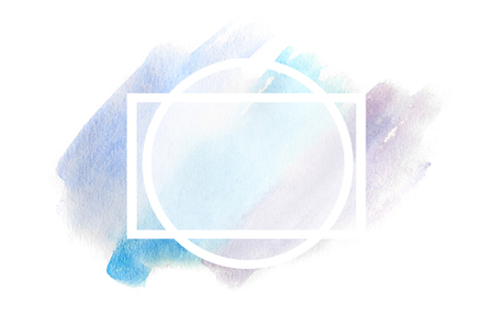 Abstract background illustration in the form of three watercolor strokes, executed in cold blue and purple tones with a square frame for textの写真素材