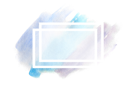 Abstract background illustration in the form of three watercolor strokes, executed in cold blue and purple tones with a square frame for textの写真素材