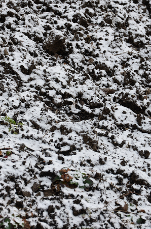 The texture of the ground, covered with a thin layer of snow. The soil of the garden in winter. The dug ground close upの写真素材