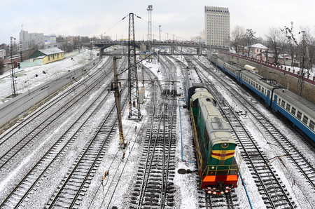 Kharkiv landscape with railroad tracks near the South Railway Station. Fisheye photo with artistic distortionの写真素材
