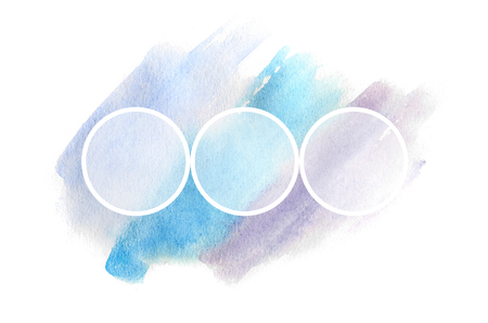 Abstract background illustration in the form of three watercolor strokes, executed in cold blue and purple tones with a round frame for textの写真素材