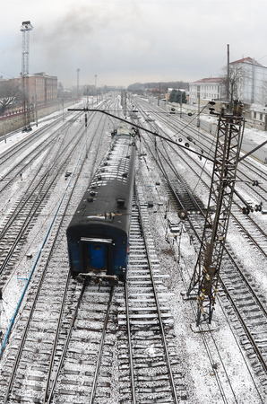 Kharkiv landscape with railroad tracks near the South Railway Station. Fisheye photo with artistic distortionの写真素材