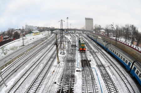 Kharkiv landscape with railroad tracks near the South Railway Station. Fisheye photo with artistic distortionの写真素材