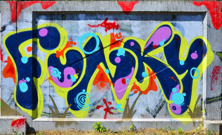 The texture of the wall with graffiti, which is depicted on it. The image of the whole and complete graffiti of the drawing as a resource for the design of 3D projectsの写真素材