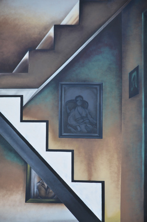 Detailed image of color graffiti drawing. Background Street art background with a painted staircase with portraits in framesの写真素材