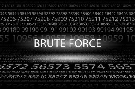 Abstract background image of black space from a set of rows of five-digit white numbers of different sizes and a luminous inscription in the center. Brute Forceの写真素材
