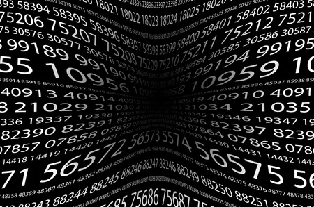 Abstract background image of a set of distorted five-digit white numbers of different sizes on a black background. The concept of brute force for cracking passwordsの写真素材