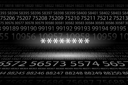 Abstract background image of black space from a set of rows of five-digit white numbers of different sizes and a luminous password stars in the center. Hidden symbolsの写真素材