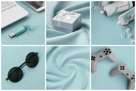 A set of pictures with fashionable youth objects on a soft fleece surface. Pastel blue colorの写真素材