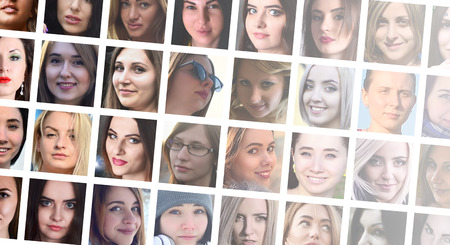 Collage group portraits of young caucasian girls for social media network. Set of square female avatar isolated on a white backgroundの写真素材