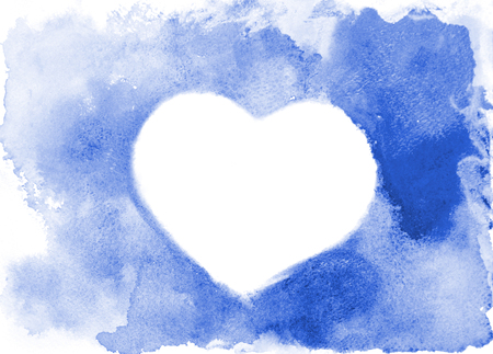 Background image of abstract watercolor spots forming a random shape of blue color with space for text in the form of a heartの写真素材