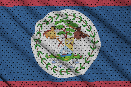 Belize flag printed on a polyester nylon sportswear mesh fabric with some foldsの写真素材