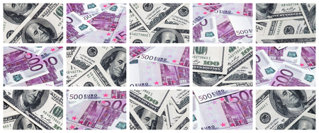 A collage of many images of euro banknotes in denominations of 100 and 500 euros lying in the heapの写真素材