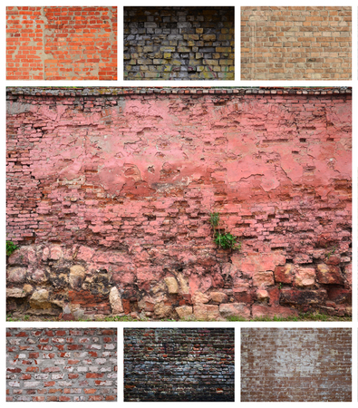 A collage of many pictures with fragments of brick walls of different colors close-up. Set of images with varieties of brickworkの写真素材