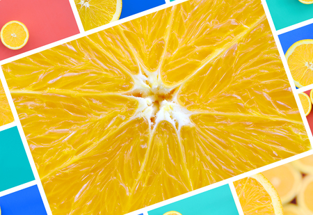A collage of many pictures with juicy oranges. Set of images with fruits on backgrounds of different...
