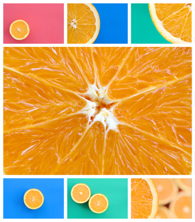 A collage of many pictures with juicy oranges. Set of images with fruits on backgrounds of different colorsの写真素材